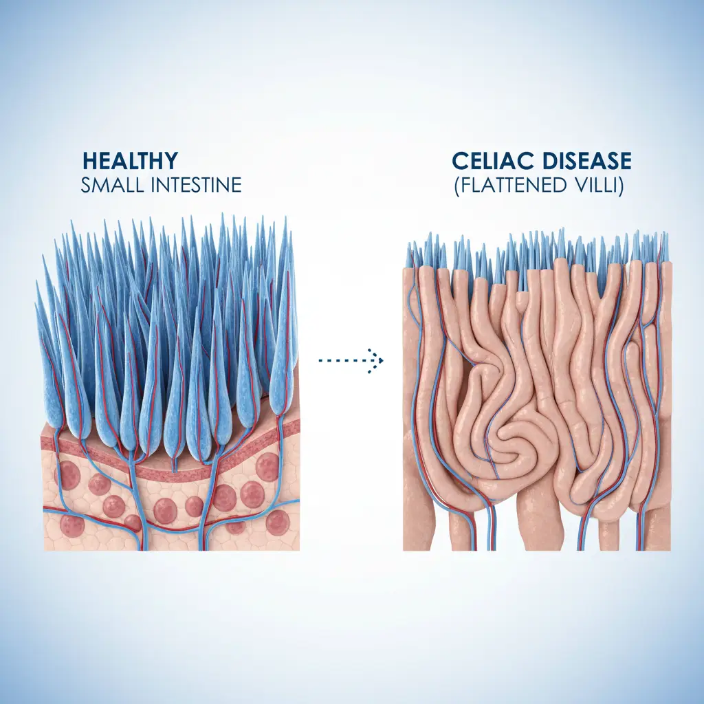 Comparison of healthy intestinal villi and damaged villi in celiac disease