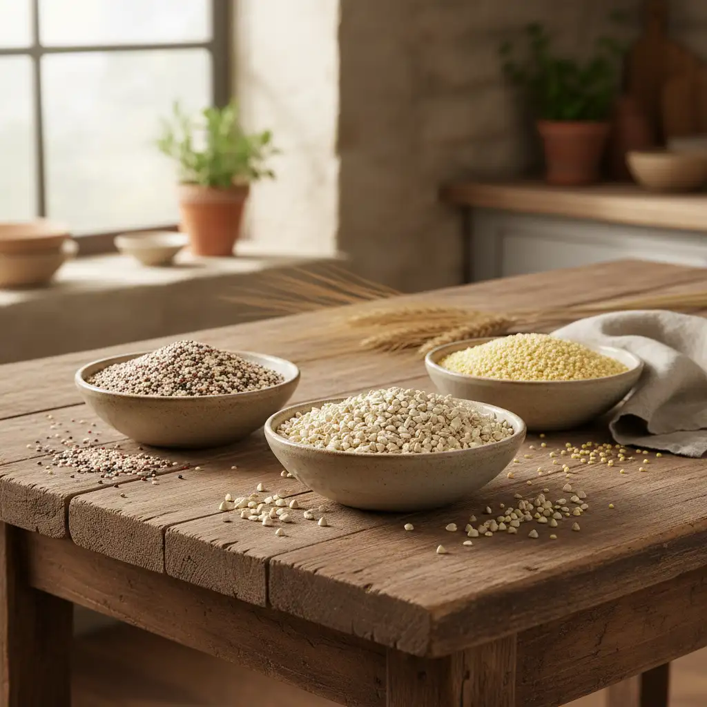 Bowls of raw gluten-free grains: quinoa, buckwheat, and millet