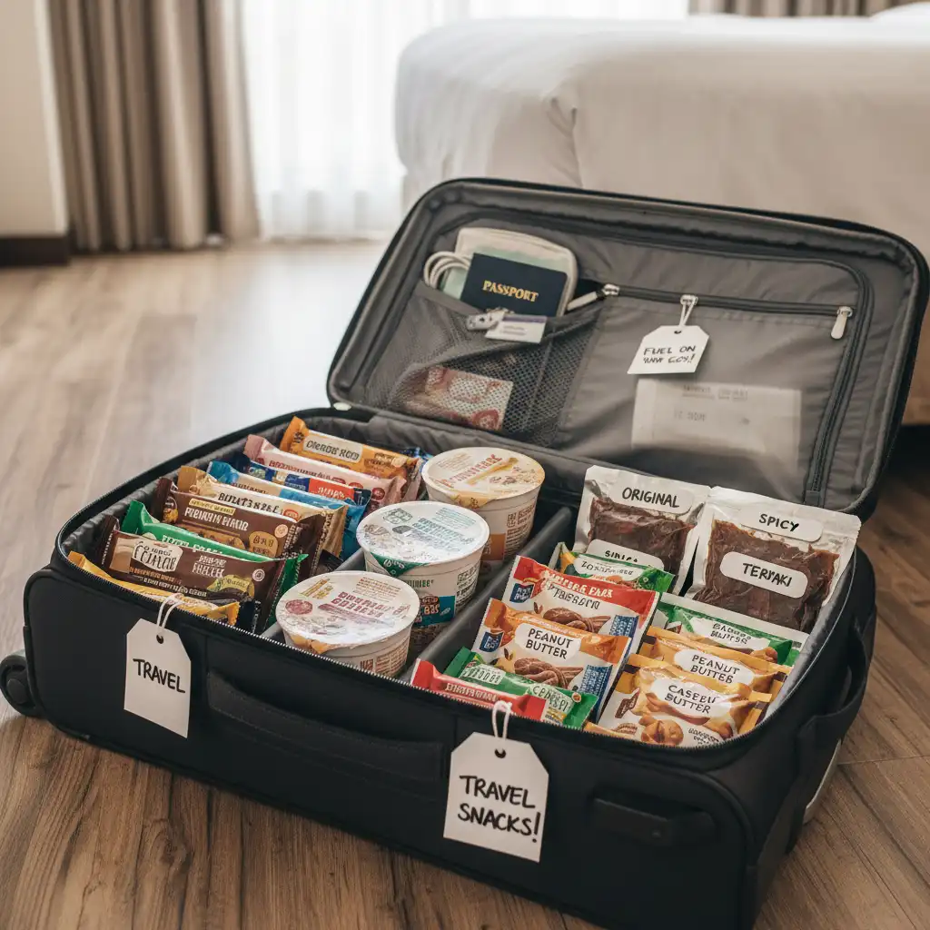 Emergency gluten-free food packed in carry-on luggage