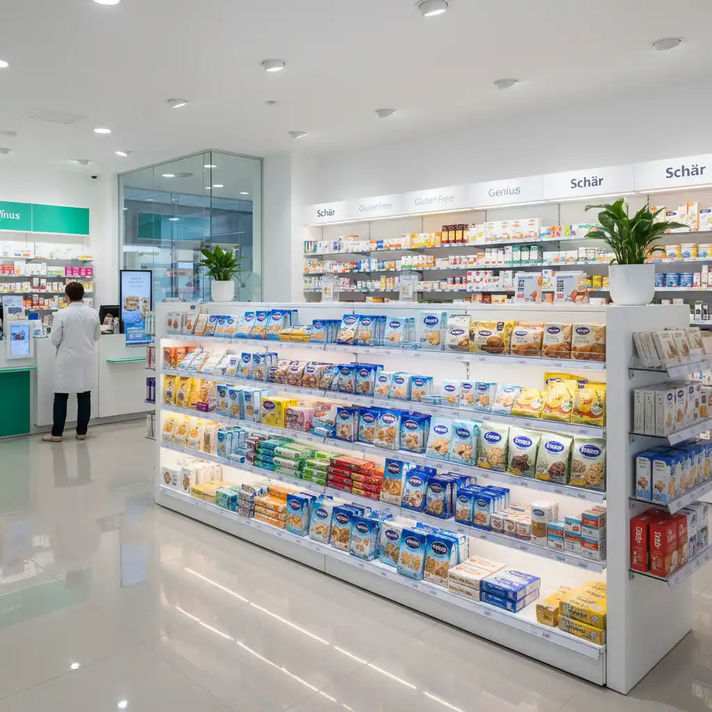 European pharmacy shelf stocked with gluten free food