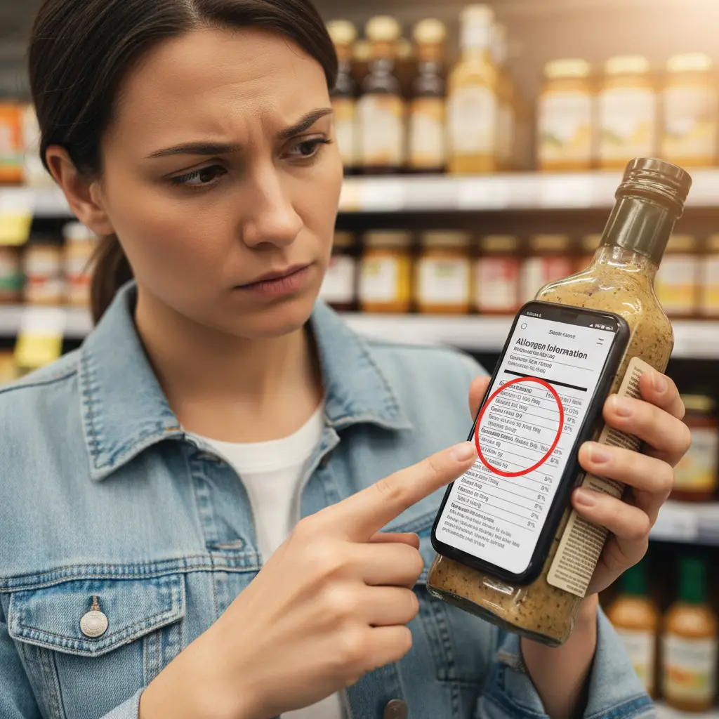 Shopper reading nutritional label on salad dressing bottle