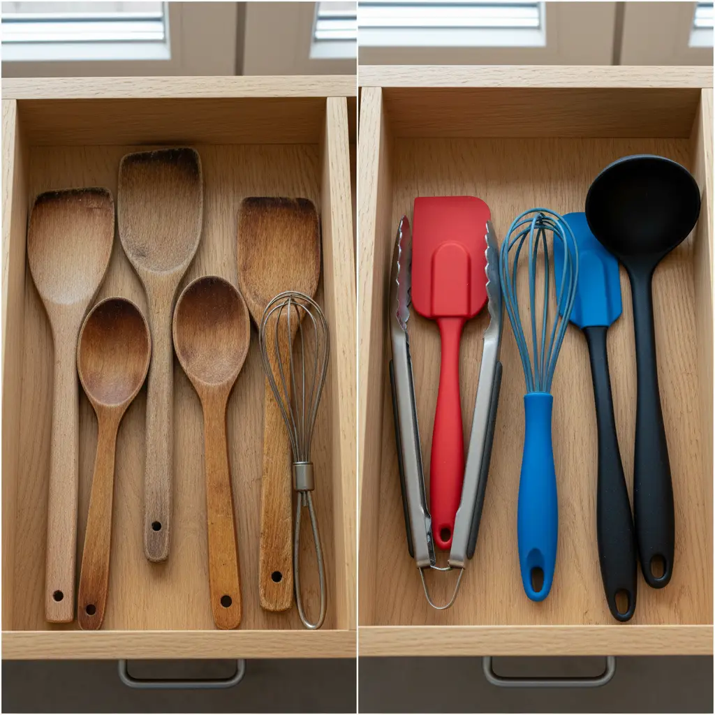 Comparison of porous wooden spoons versus safe silicone utensils