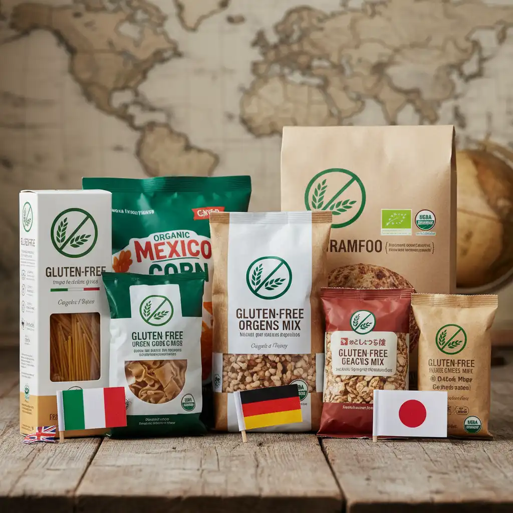International food packaging and gluten free logos