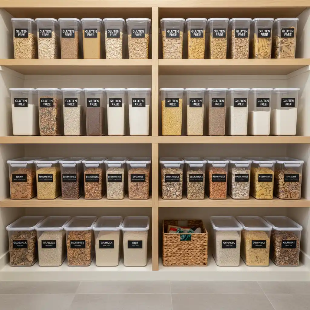 Organized pantry with designated gluten-free shelves
