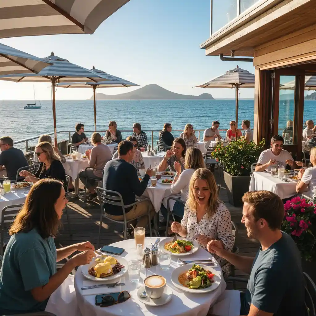 Outdoor dining at a North Shore cafe with ocean views