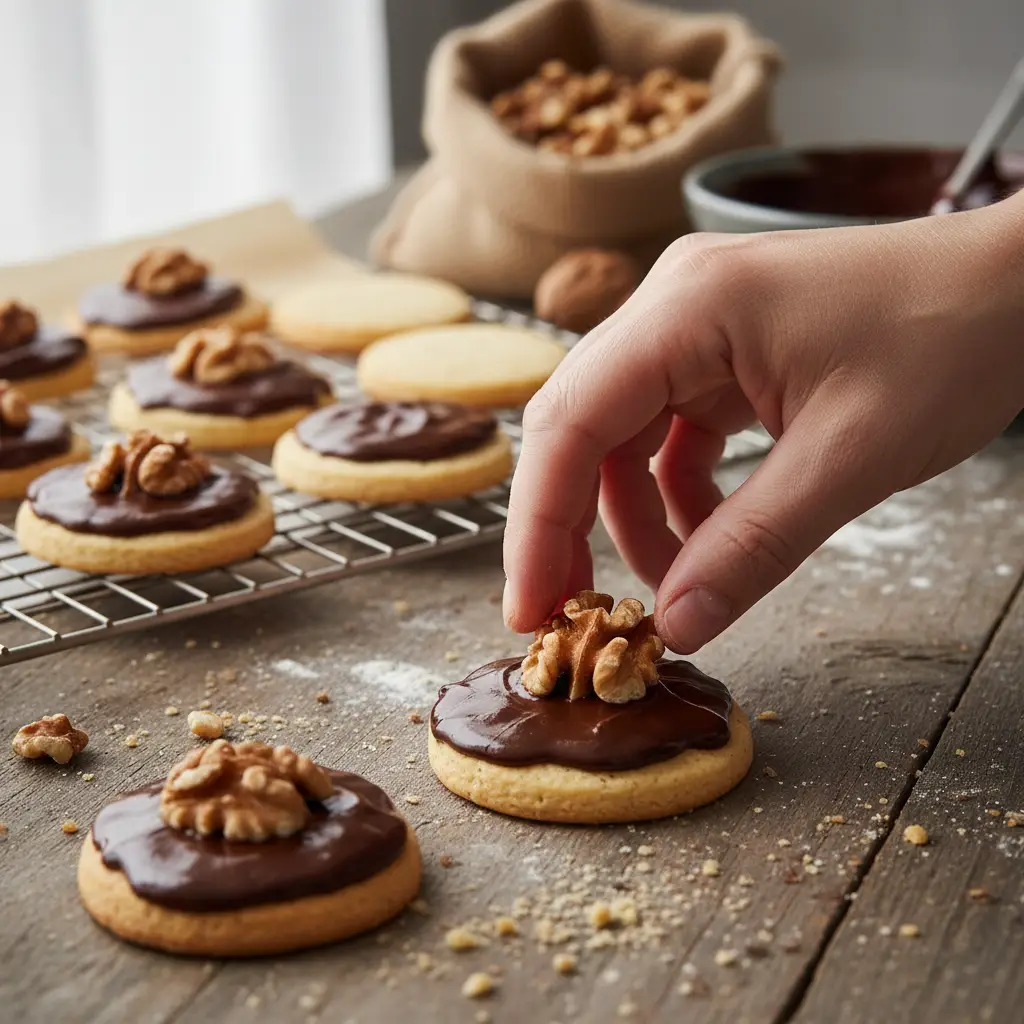 Decorating afghan biscuits with walnuts