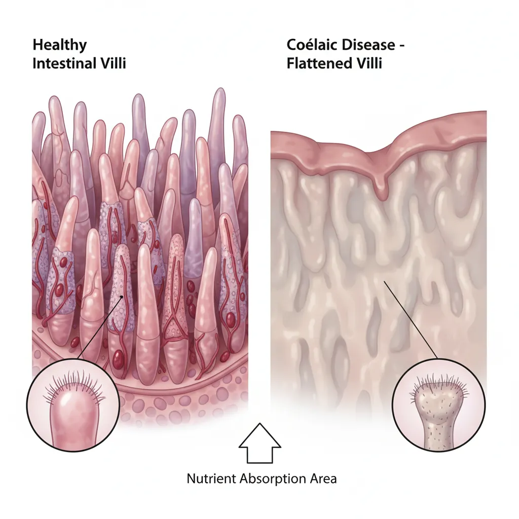 Healthy villi vs coeliac villous atrophy comparison