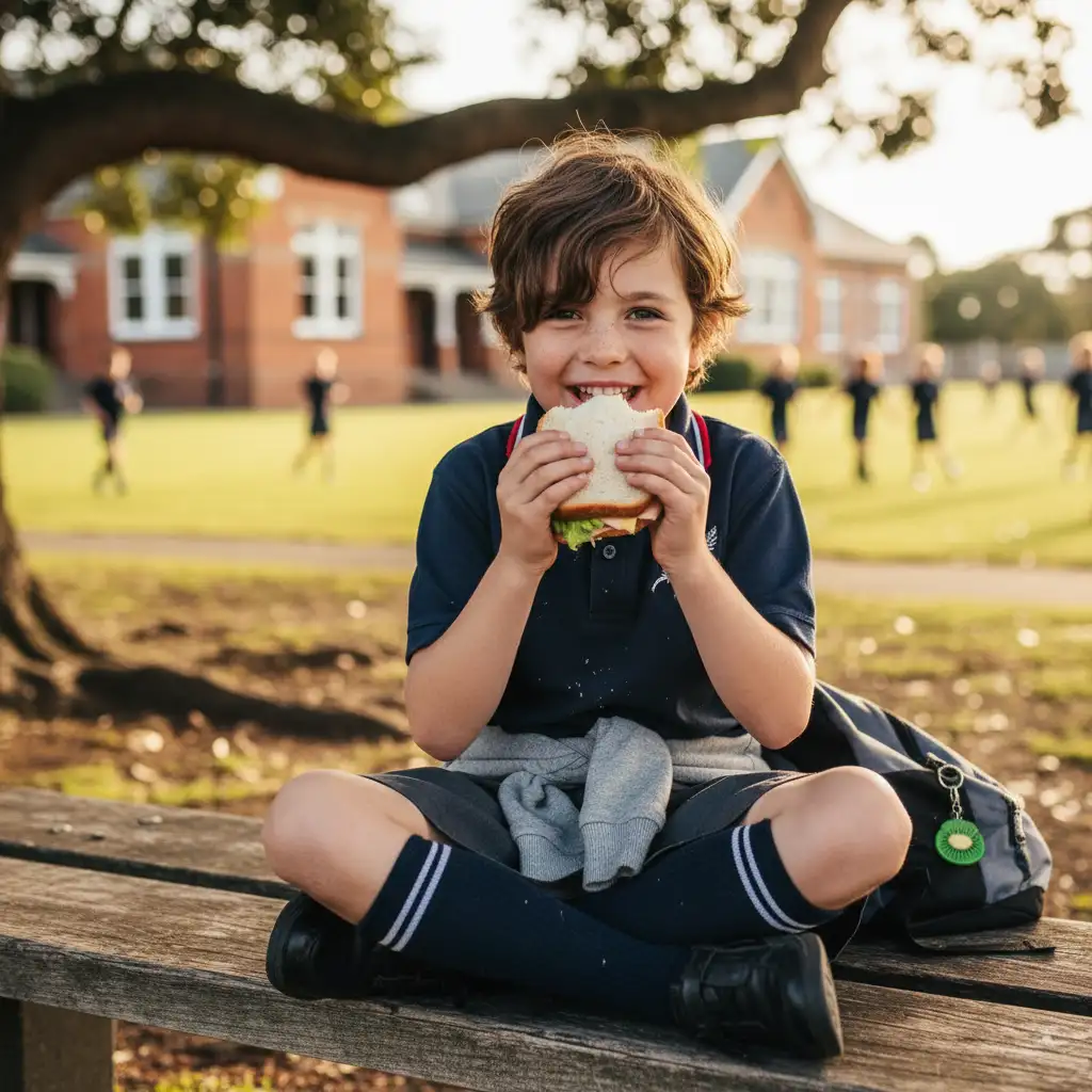 Happy child enjoying gluten free school lunches NZ