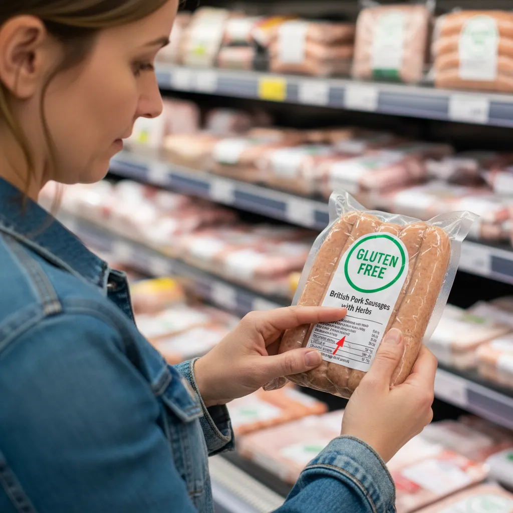 Checking labels on sausages for gluten free certification