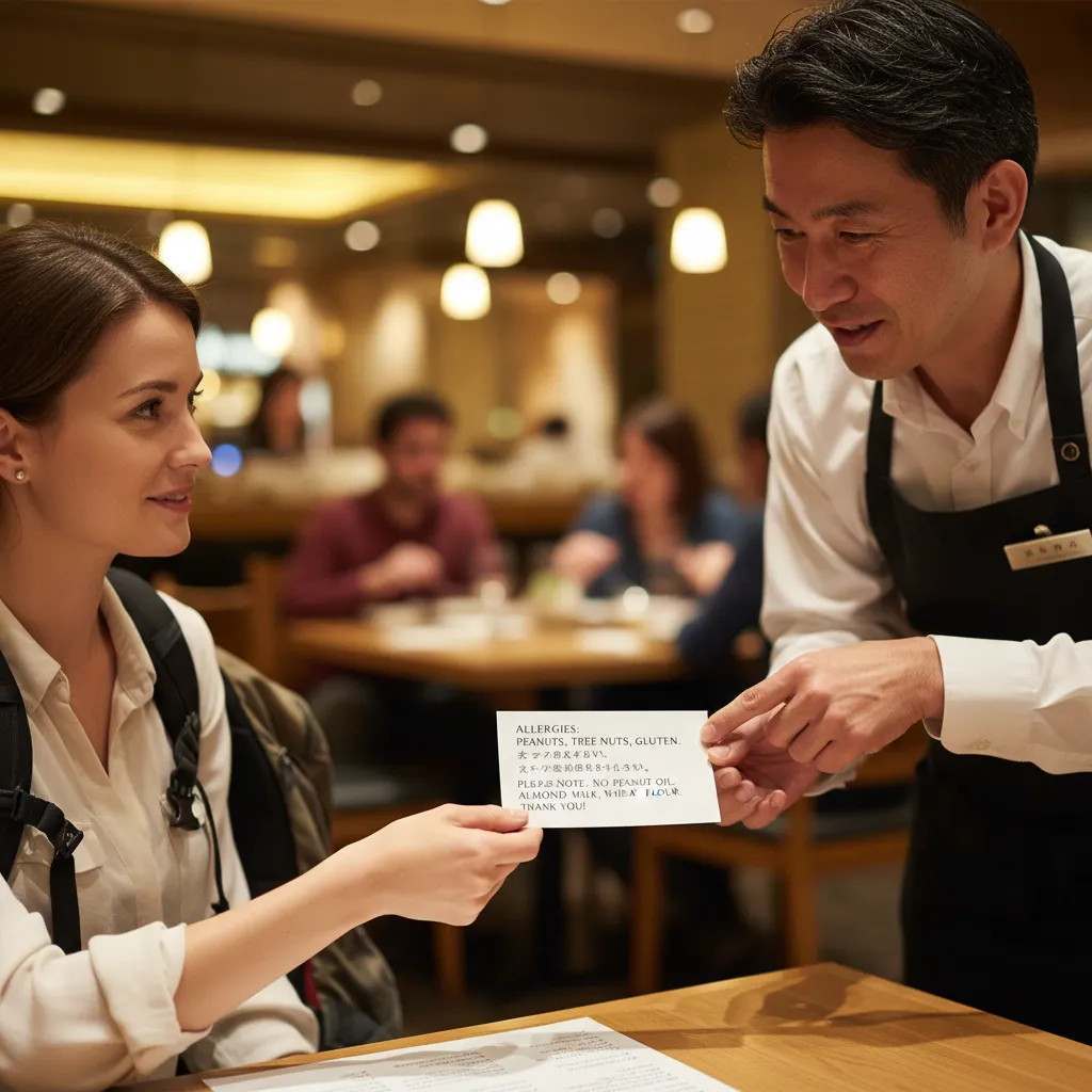 Traveler handing a gluten-free translation card to a waiter
