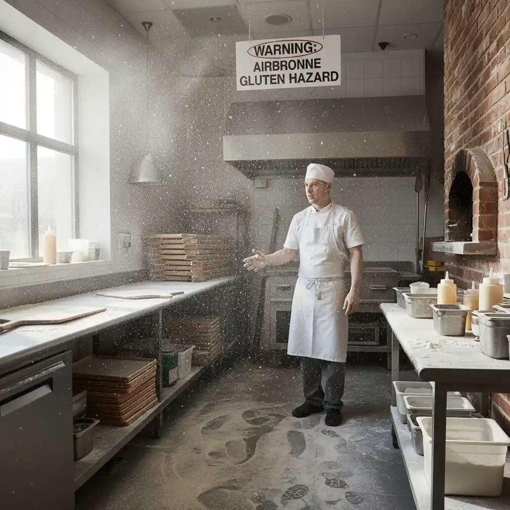 Airborne flour in a pizza kitchen presenting cross-contact risks