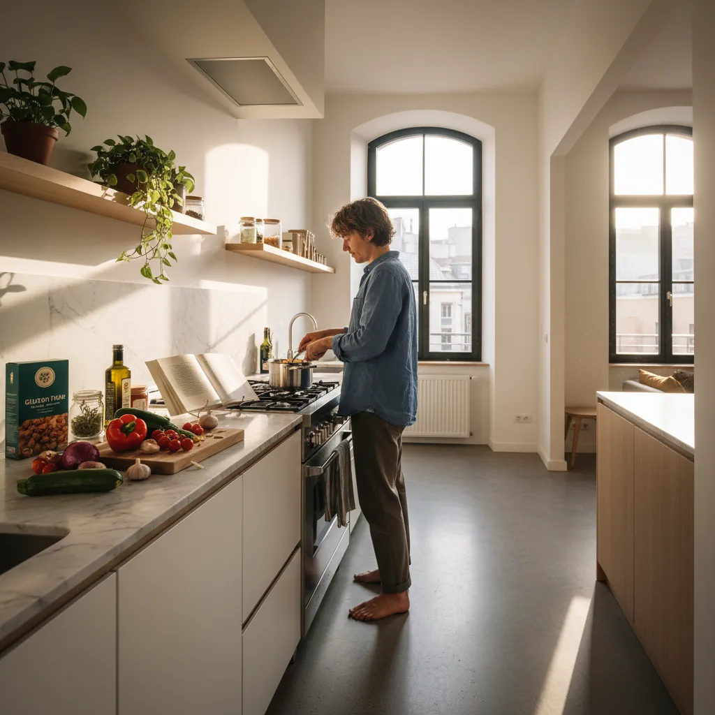 Cooking gluten free meal in travel apartment