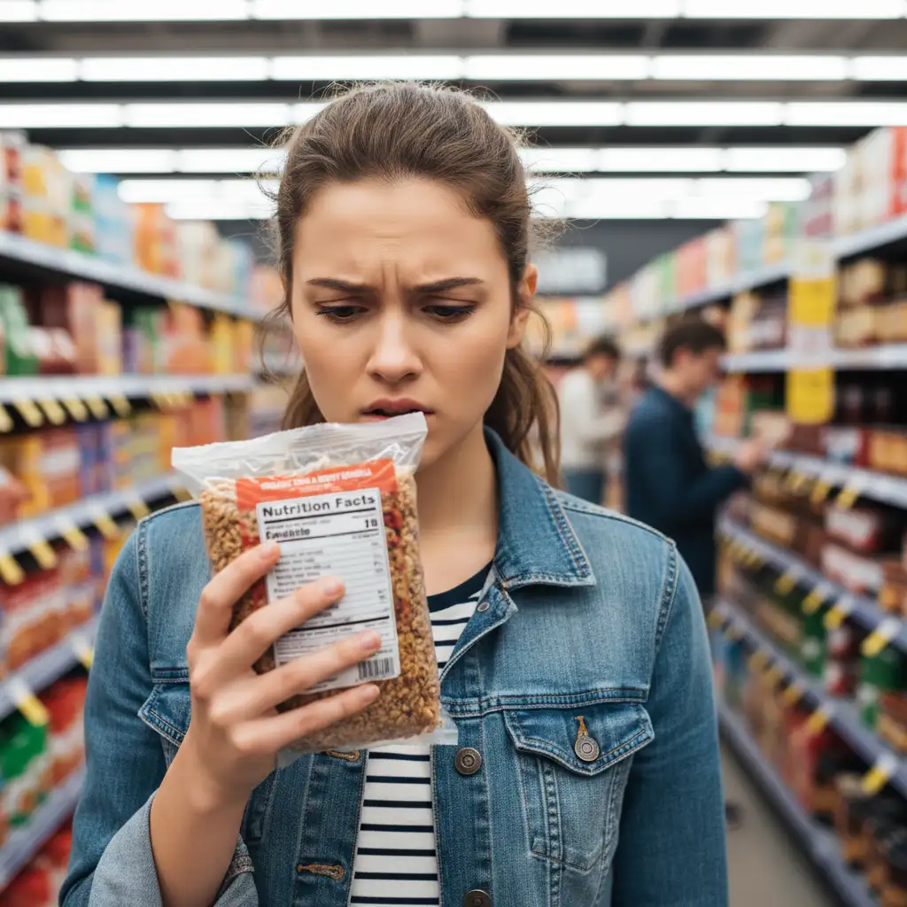 Woman checking food labels for gluten ingredients